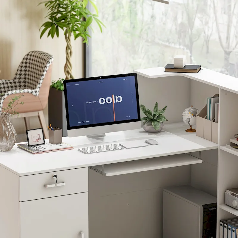 Timechee 55.1W LShape Wood Reception Desk Computer Desk Keyboard Tray