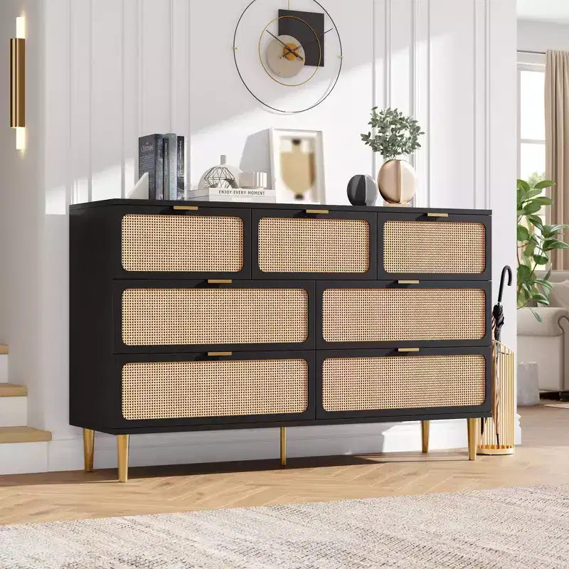 Rattan 7 Drawer Dressers, Tall Dresser with Deep Drawers, Large Chest of Drawers for Closet with Wide Top, Long Wooden Dresser for Living Room