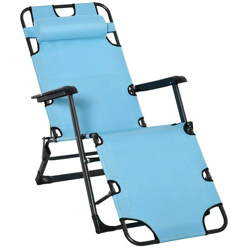 Folding Chaise Lounge Chair for Outside, 2-in-1 Tanning Chair with Pillow & Pocket, Adjustable Pool Chair for Patio