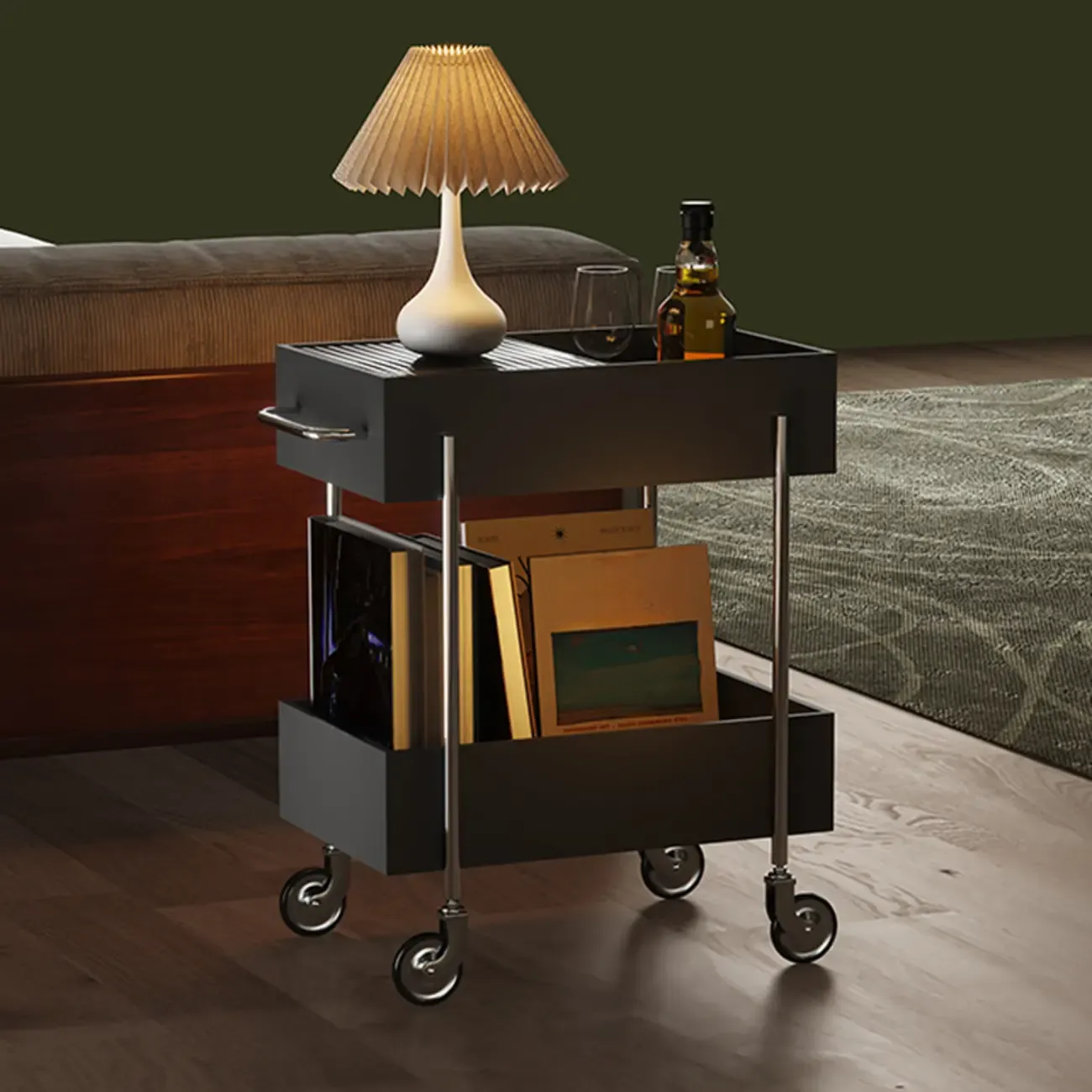 Trendy Black 2-Tier Small Side Table with Casters