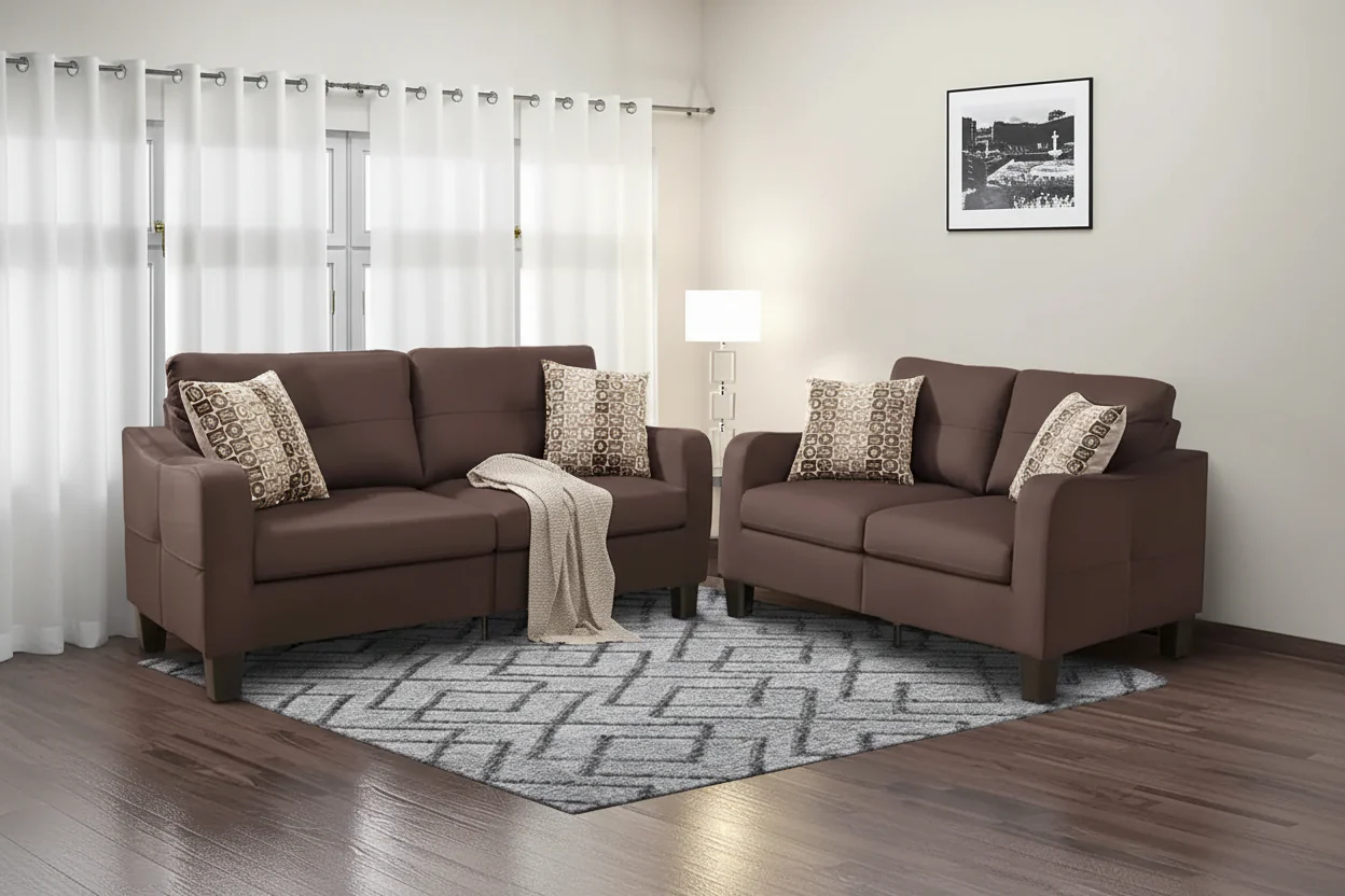Sofa Set 2-Piece Loveseat 58 Sofa 72 Polyfiber Brown Accent Pillows Modern