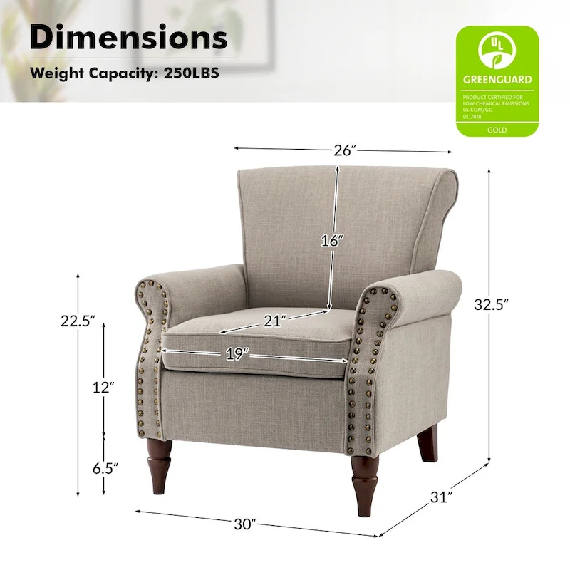 Upholstered Comfy Accent chair with Turned Wooden Legs and Nailhead Trim Set of 2 by