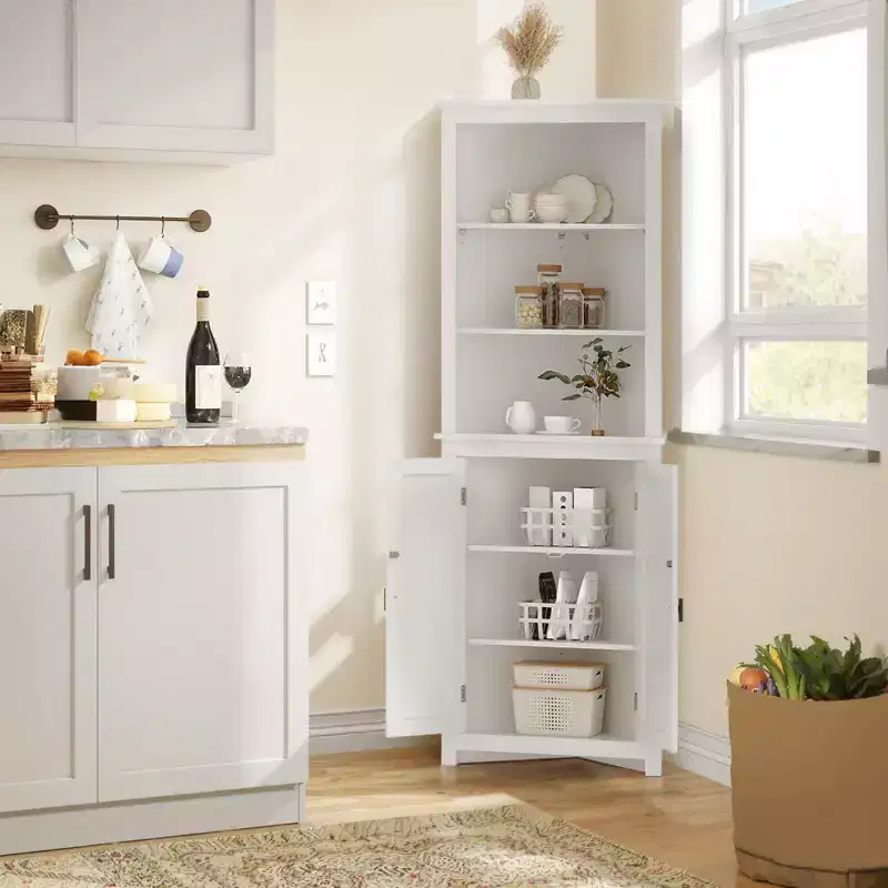 64 in Tall Farmhouse Corner Cabinet with 2 Barn Doors, Multi-Purpose Adjustable Shelves for Dining Room, Kitchen, Farmhouse Storage Cabinet, White