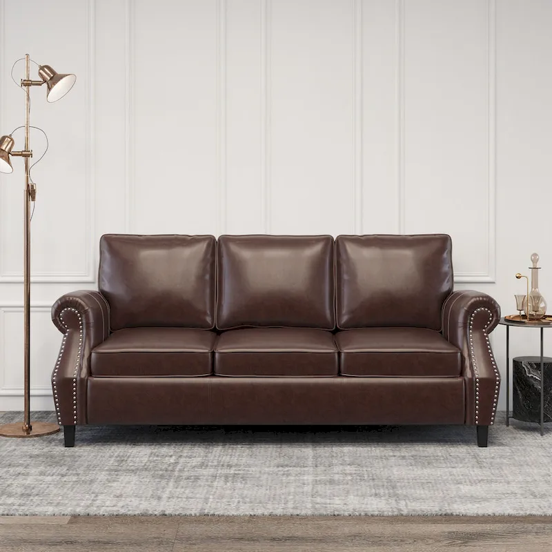 Dark Brown Modern 80 Faux Leather 3-Seater Sofa with Birch Wood Legs and Nailheads