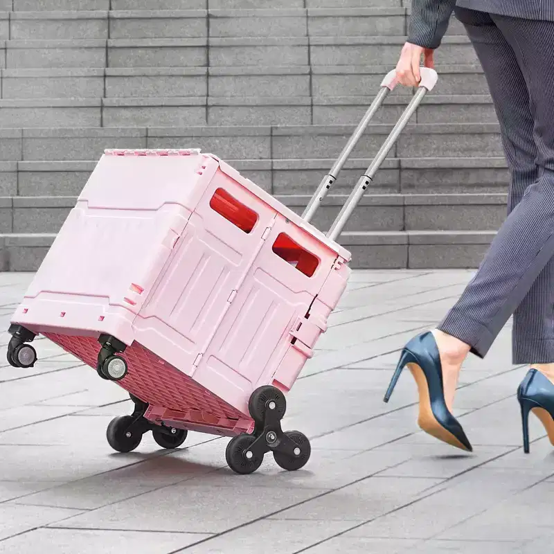65L Foldable Utility Cart with Stair Climbing and 360 Degree Swivel Wheels, Collapsible Rolling Crate for Shopping, Office and Moving, Pink