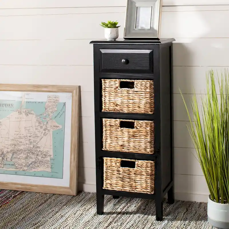 Distressed Side Table with 3 Woven Basket Drawers – 5 Colors – 1 Person