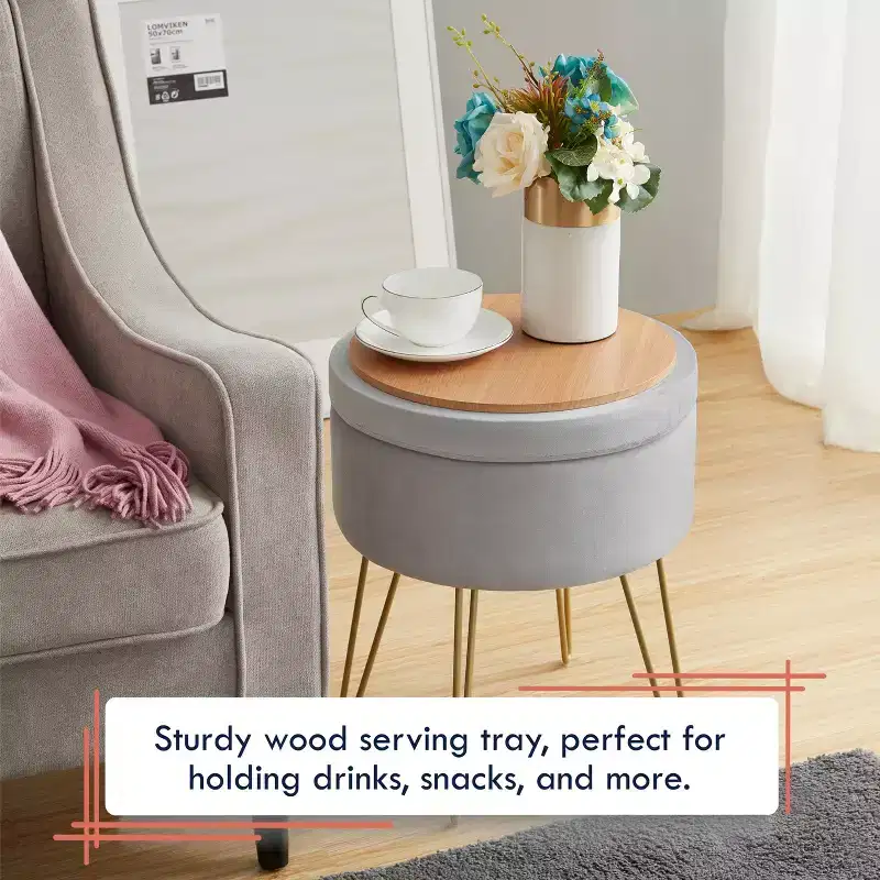 Ornavo Home Modern Round Velvet Storage Ottoman with Gold Metal Legs & Tray Top Coffee Table - Silver