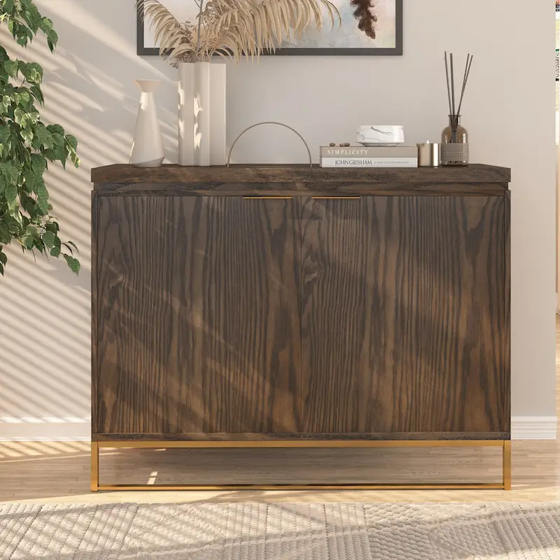Industrial Brown Wood 2-Door Accent Cabinet with Golden Legs