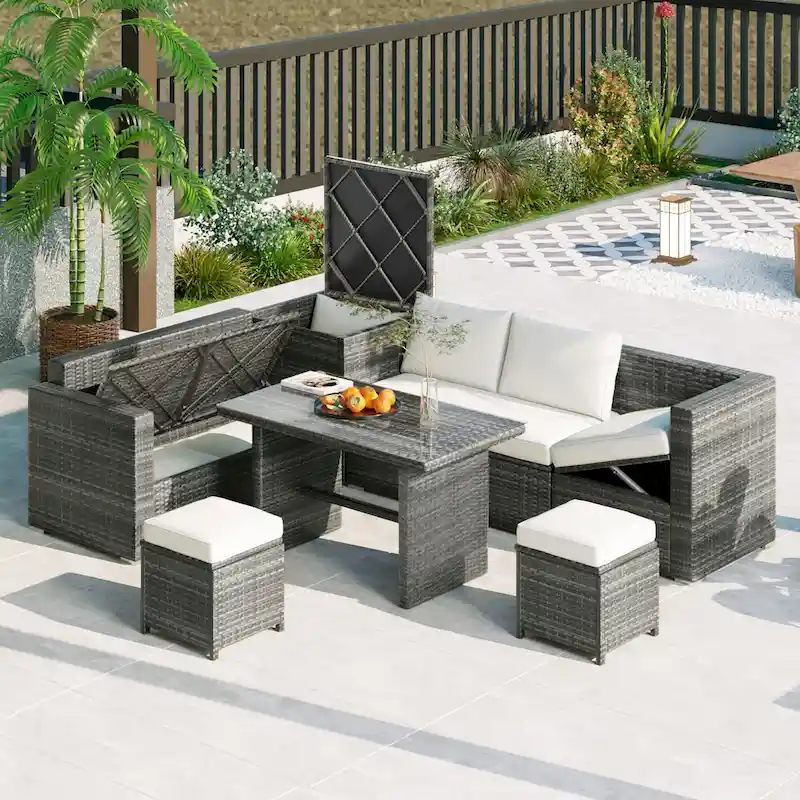 6PCS Outdoor Patio Wicker Rattan Sectional Set with Storage Box and Tempered Glass Top Table
