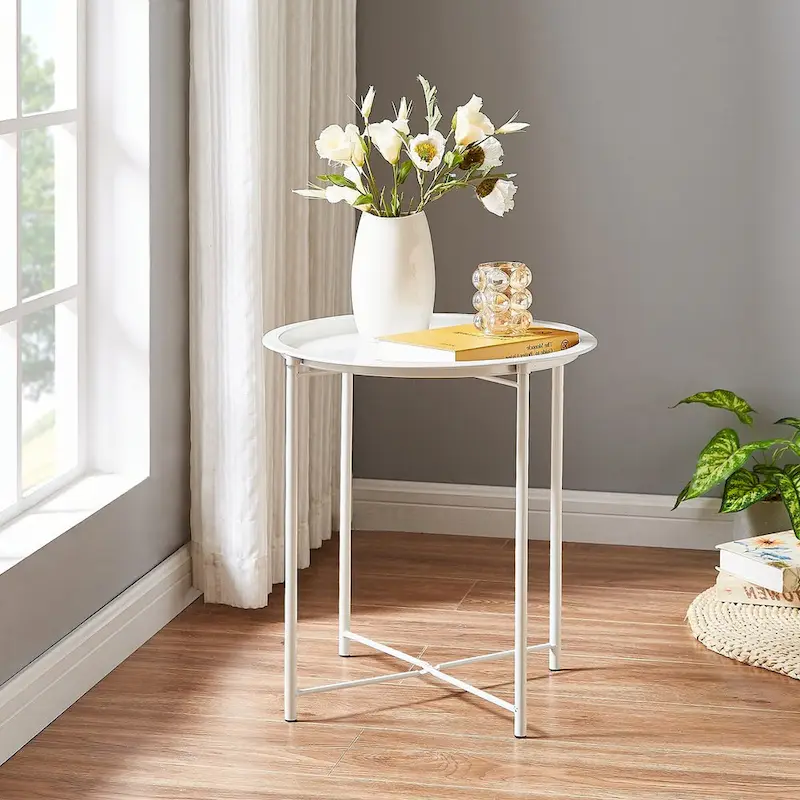 Folding Round TV Tray Tables, Small Round Steel Side Table, No Assembly Required - 18.5 x 18.5 x 19.7 in