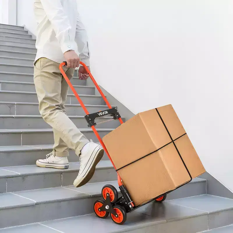 VEVOR Stair Climbing Cart, 120 lbs Stair-Climbing Capacity, Folding Trolley Cart with Telescoping Handle, 6 Wheels and 2 Bungee Cords, Black & Orange