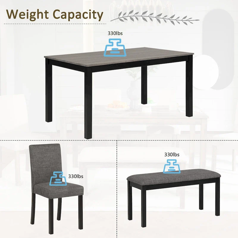 6 Piece Dining Table Set, Wooden Dining Table Set with Rectangular Dining Table, Bench and 4 Upholstered Chairs