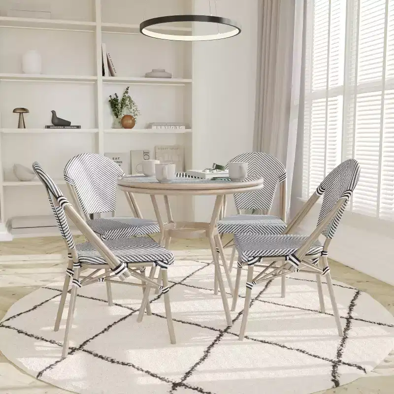 Emma & Oliver Massalia Indoor/Outdoor Bistro Style 31.5 in. Table with Textilene, Glass Top, and Four Chairs - Metal Frame