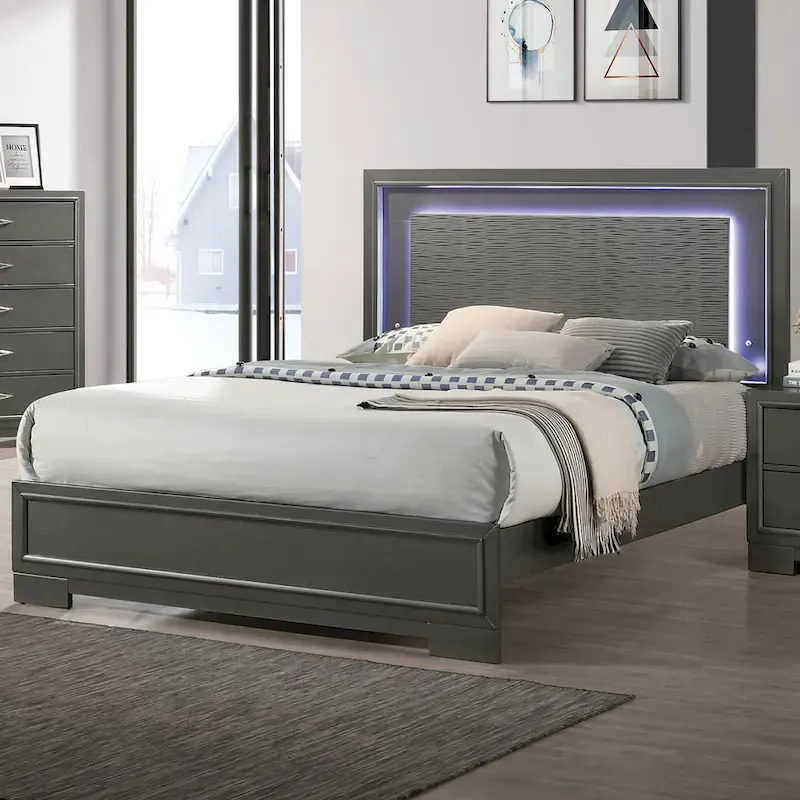 Lalt Contemporary Metallic Grey Wood LED Lighting Platform King Bed by Furniture of America