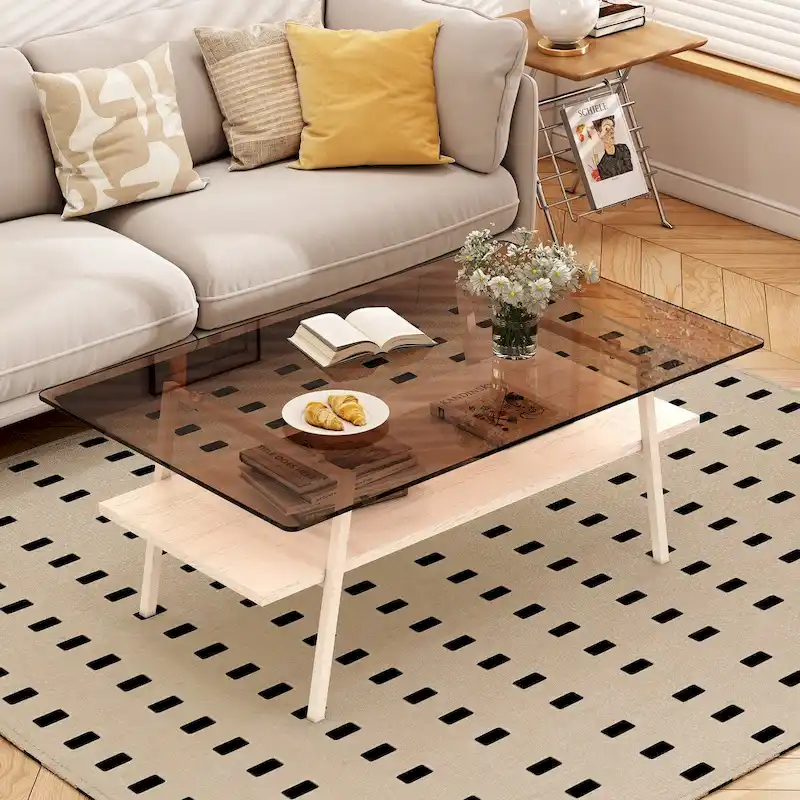 White/Black Rectangle Coffee Table, Modern Style, Tempered Glass Top, 2-Tier