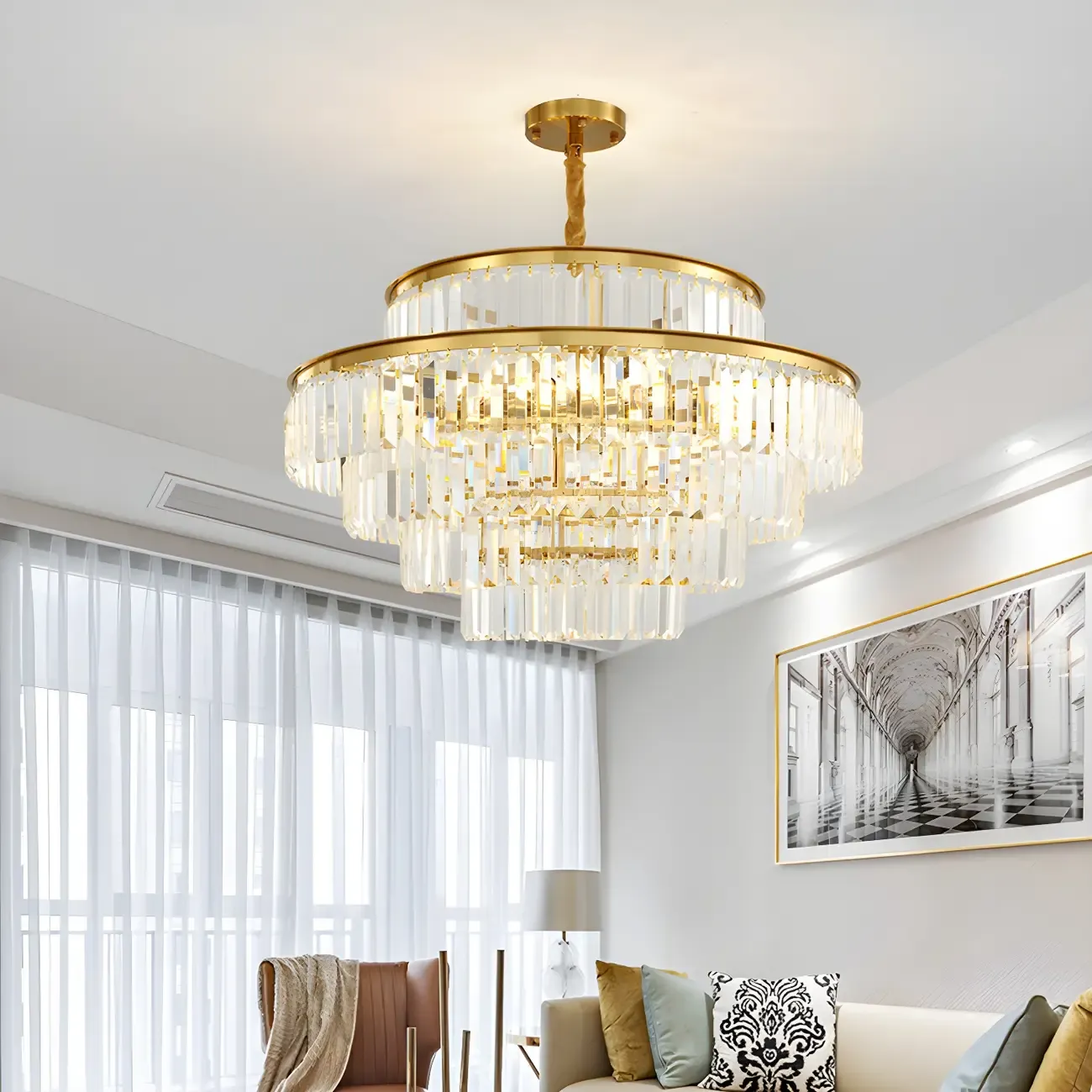 Gold Crystal Cylinder Tier Circle Chandelier