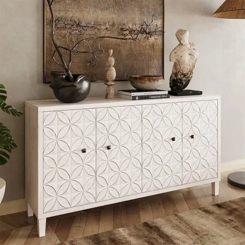 White Washed 4-Door Sideboard Buffet Cabinet – 1 Person Assembly
