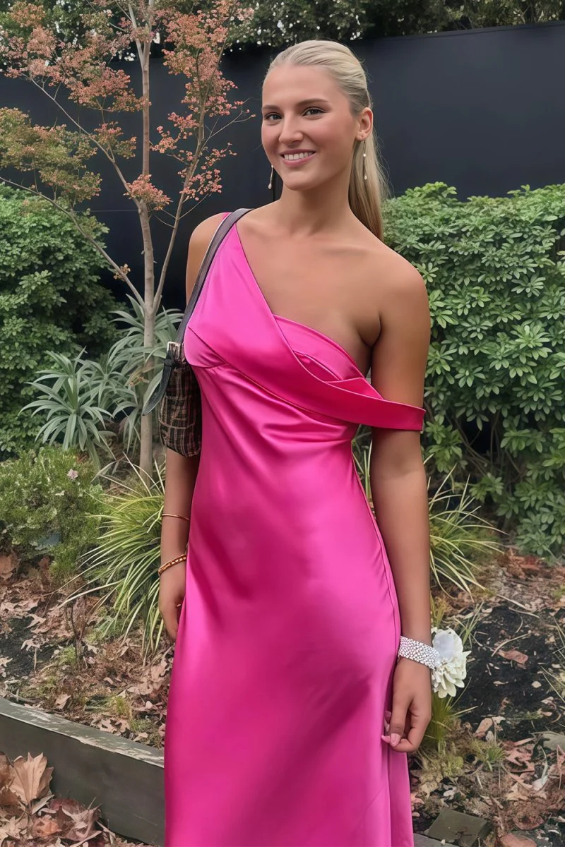 Fuchsia - One Shoulder Sheath Satin Long Prom Dresses