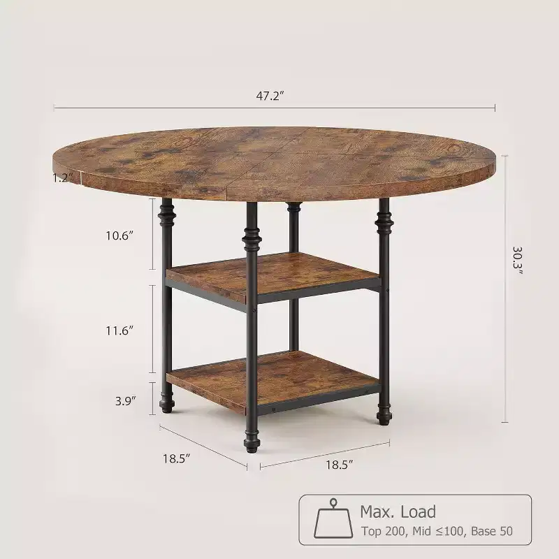 Round Wooden Dining Table for 4-6, Modern 3-Layer Kitchen Table with Storage Shelves and Roman Metal Legs, Ideal for Dining Room and Living Room.