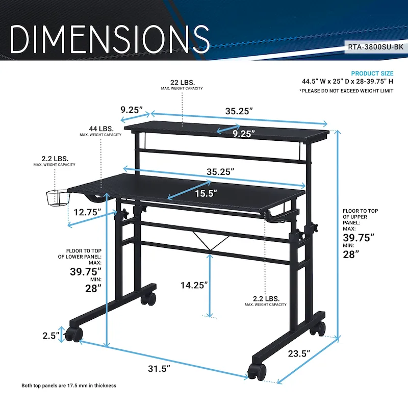 Black Rolling Writing Desk with Height-Adjustable Desktop, Single User