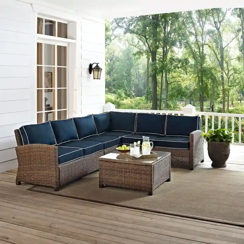 Crosley Bradenton 5-Piece Outdoor Wicker Seating Set with Navy Cushions - 109.25 W x 84.25 D x 32.5 H