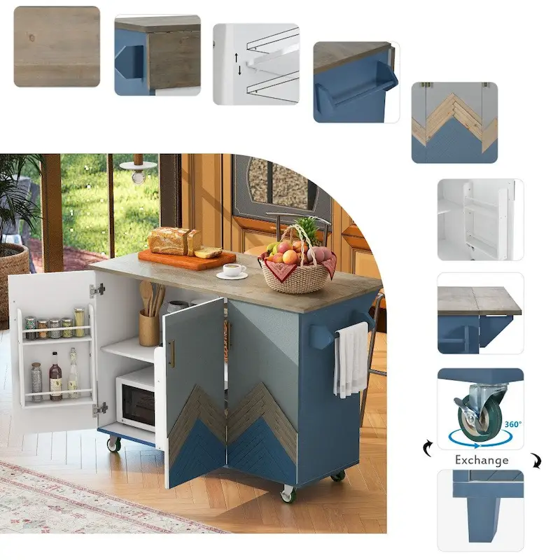 Retro MDF Kitchen Island on Wheels with Drop Leaf and Towel Rack