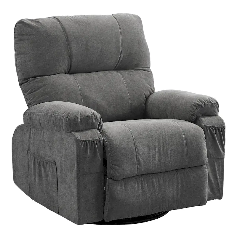 360 Swivel Manual Recliner Single Sofa Chair Fabric Lounge Chair with Pull Out Footrest and Side Pockets