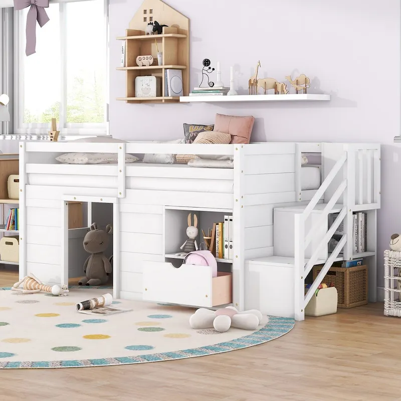 White Twin Low Loft Bed with Drawer & Staircase, 1-Child
