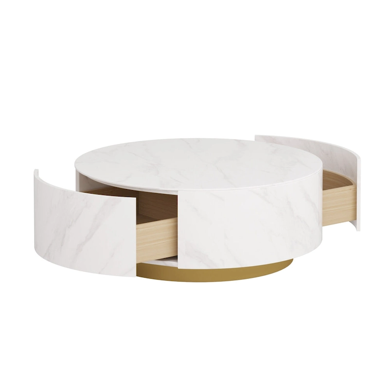 Modern Round Coffee Table, White Sintered Stone Tabletop with 2 Drawers