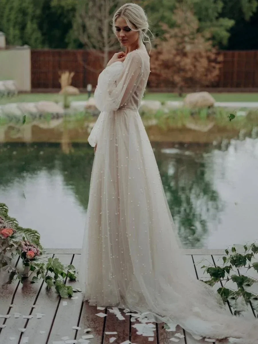 Simple Modest A-Line Long Sleeve Tulle Elopement Illusion Wedding Dress with Pearl