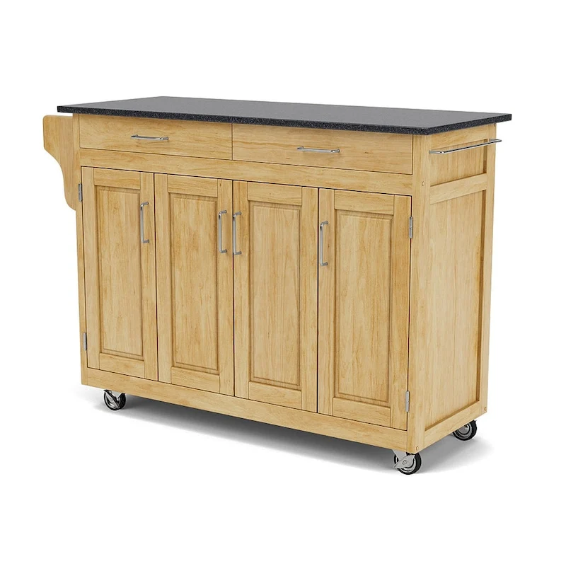 Puff Island Natural Finish Black Granite Top Kitchen Cart