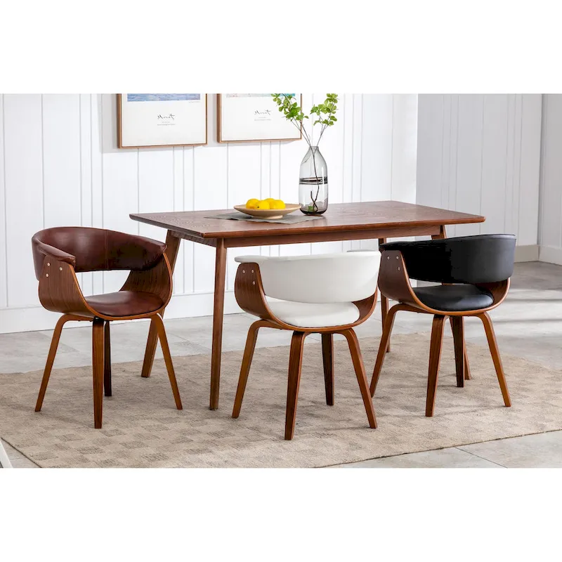 White/Brown/Black Mid-Century Dining Chair, PU Leather, Walnut Legs, Single