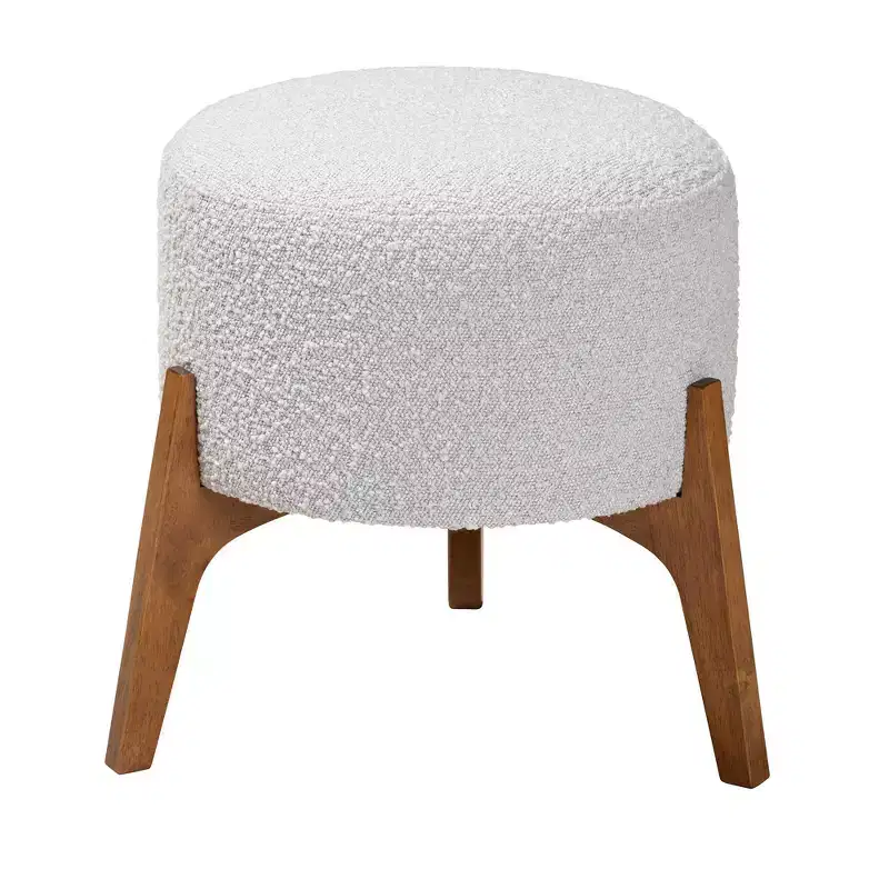 Elkie Fabric and Wood Ottoman Footstool Light Gray/Walnut Brown - Baxton Studio: Japandi Inspired, Boucle Upholstery, Tapered Legs