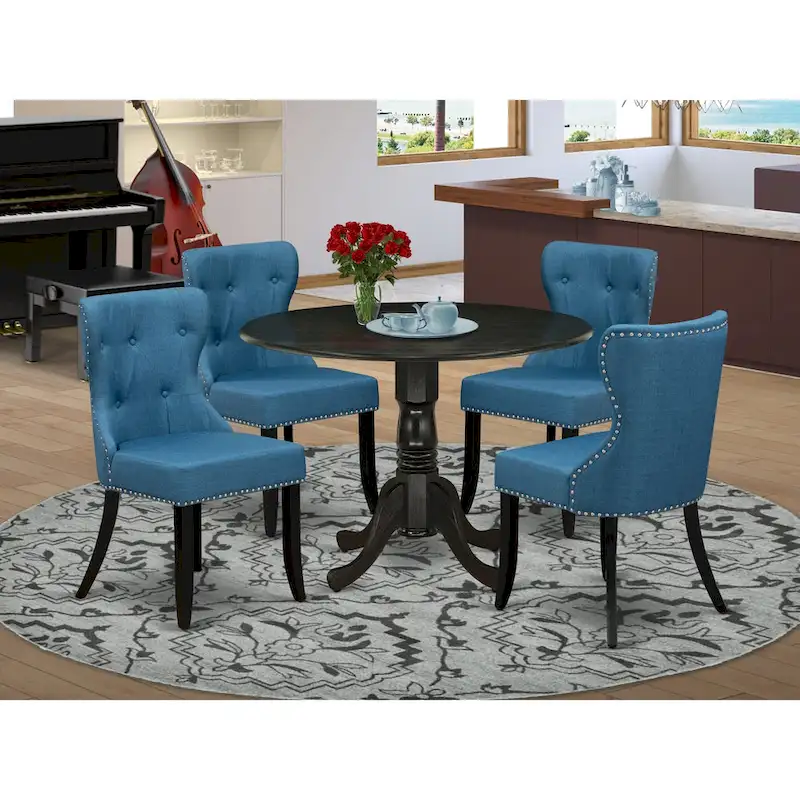 Round Dining Table Set with Blue Linen Fabric Chairs - Wire Brushed Black