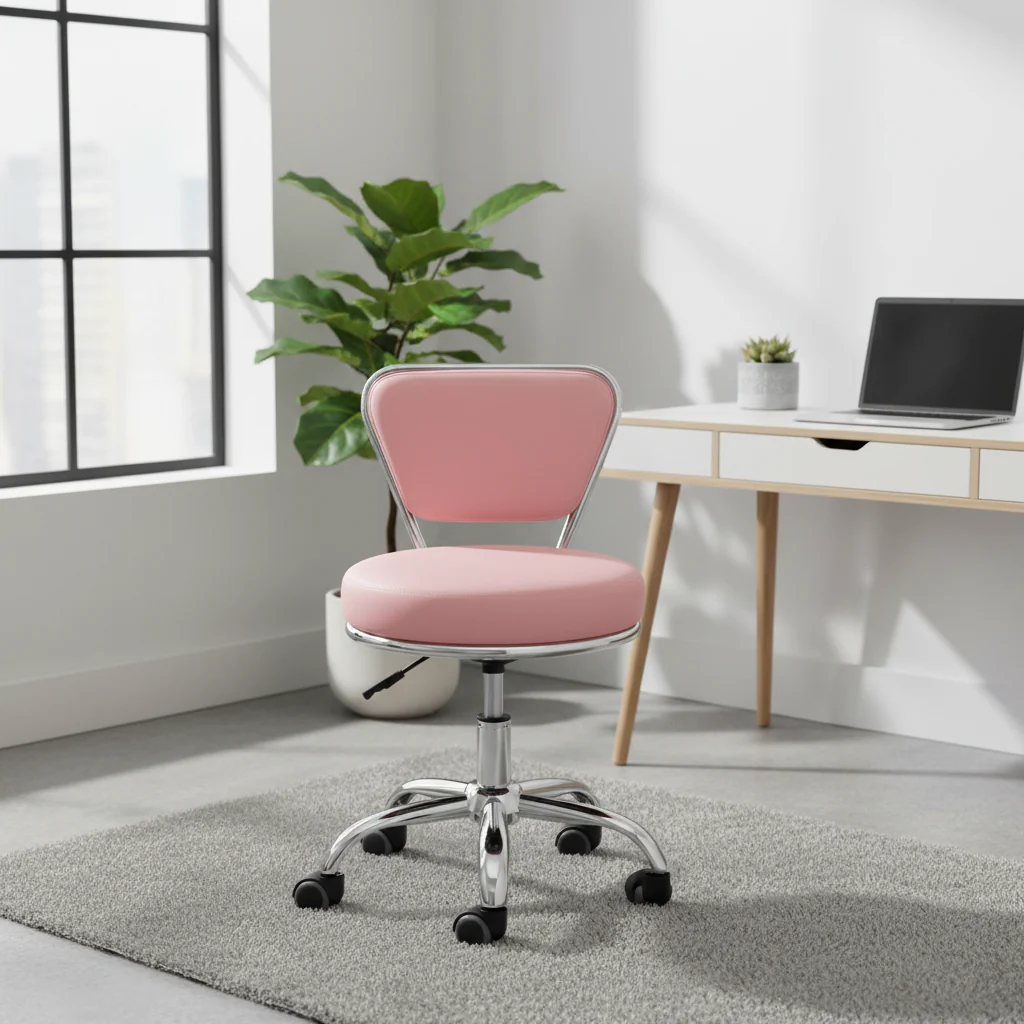 Adjustable Rolling Stool with Backrest, Pink - Single