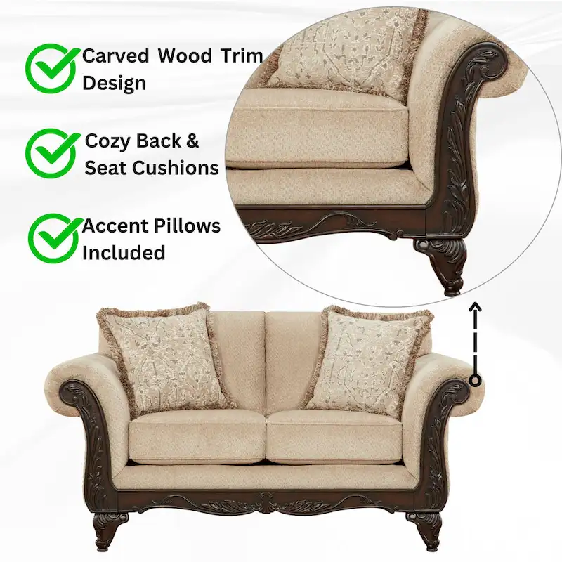 Roundhill Furniture Hernen Carved Wood Frame Loveseat