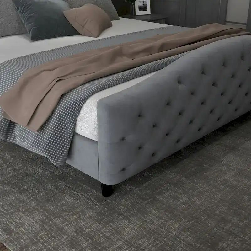 Velvet Upholstered Bed Frame with Wingback Headboard and Footboard