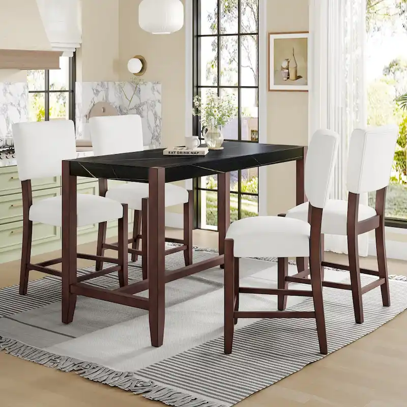 5-Piece Counter Height Dining Table Set, Faux Marble Bar Table and 4 Upholstered-Seat Chairs