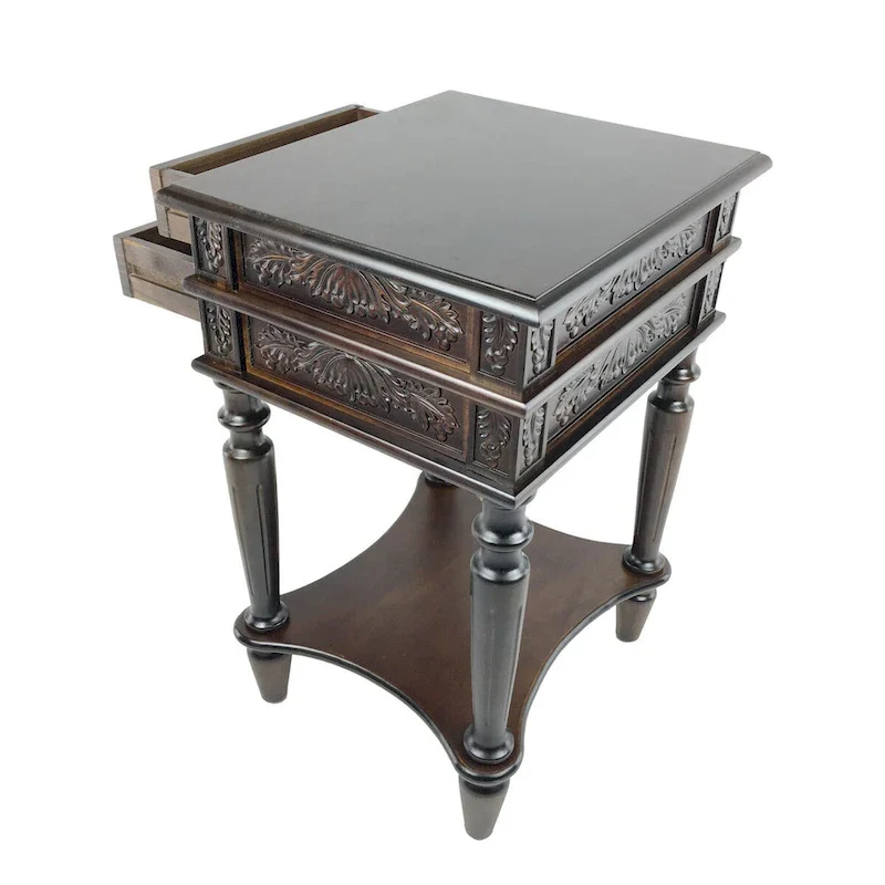 Brown Birchwood End Table with Carved Detail, 2 Drawers & Open Bottom Shelf – Traditional Style