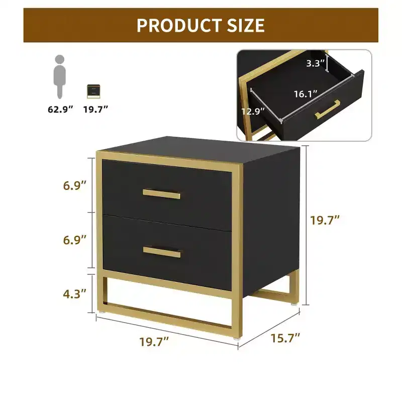 Modern Nightstand With 2 Drawers, Small Wooden Bedside Table With Storage, Modern Bedside Bed Table With Metal Frame For Small Space