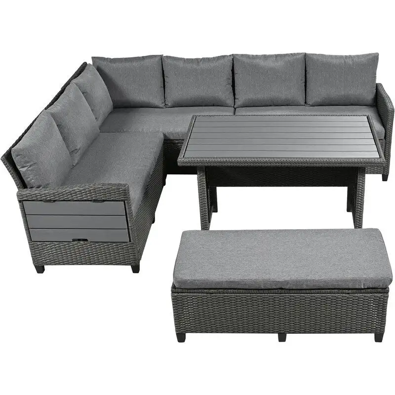 5-Piece L-Shaped Patio Rattan Sofa Set with 2 Extendable Side Tables