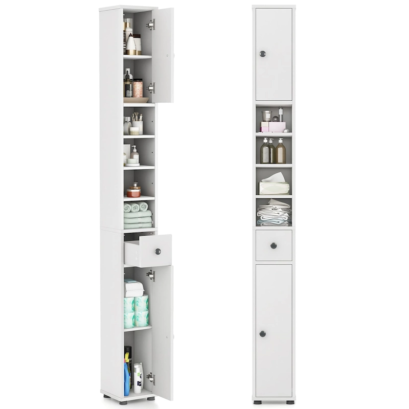Gymax Tall Slim Bathroom Storage Cabinet Linen Tower w/ Drawer &