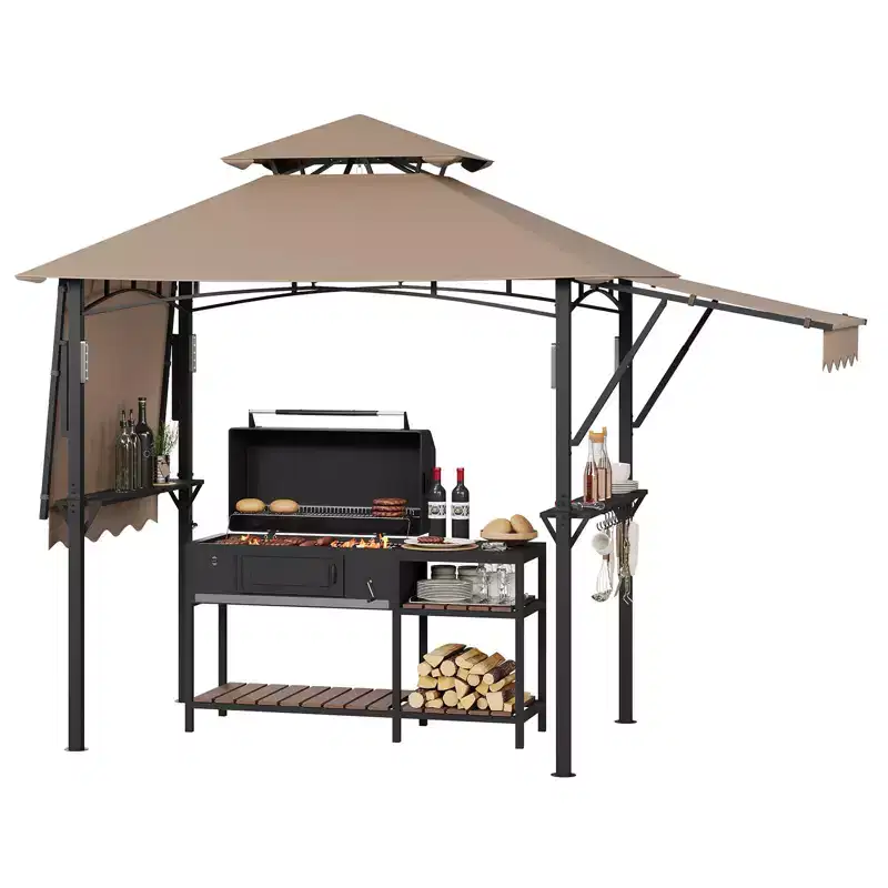 8x5 Grill Gazebo Outdoor BBQ Canopy, Double Tier Patio Shelter with Adjustable Awnings, 2 Shelves, Hooks & Heavy Duty Steel Frame