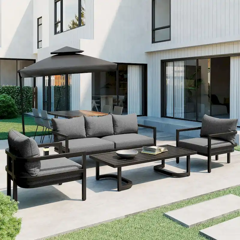 Patio Furniture Set, 5 Pcs Outdoor Steel Sofa Set, All-Weather Conversation Set with Coffee Table and 2 Single Chairs