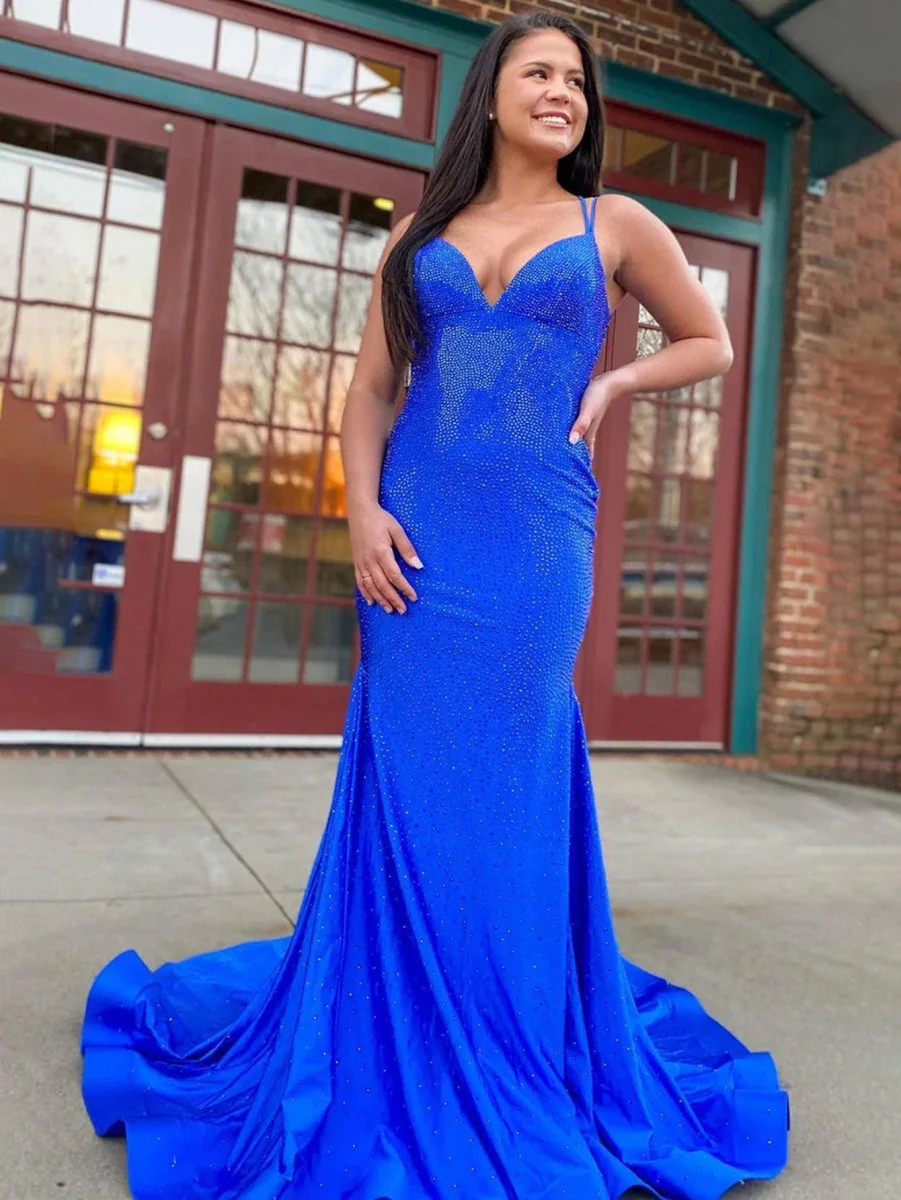Sparkly Mermaid V Neck Beaded Satin Long Prom Dress