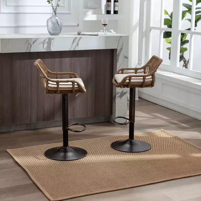 Okak Modern Swivel Counter Height Bar Stools Set of 2, Adjustable Rattan Barstools with Cushion&Footrest, Counter Stools for Kitchen