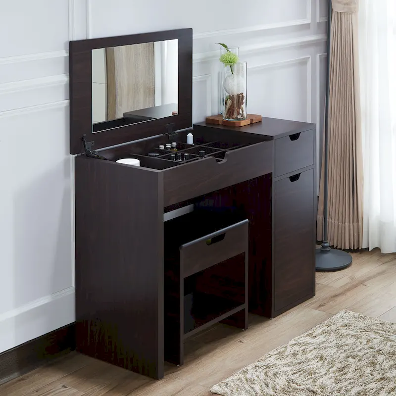 DH BASIC Modern Walnut 36 Storage Vanity and Stool Set by Denhour