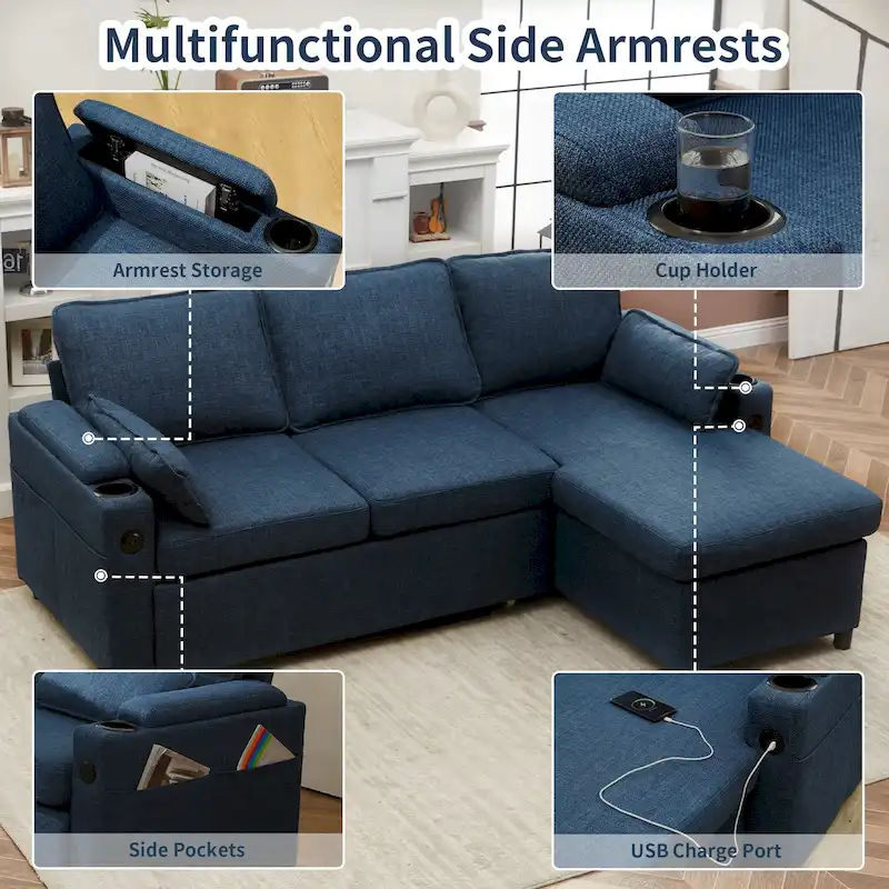 80 L-Shaped Sofa Couch Bed, Sofa Sleeper with Pull Out Bed, Reversible Sleeper Sofa Bed