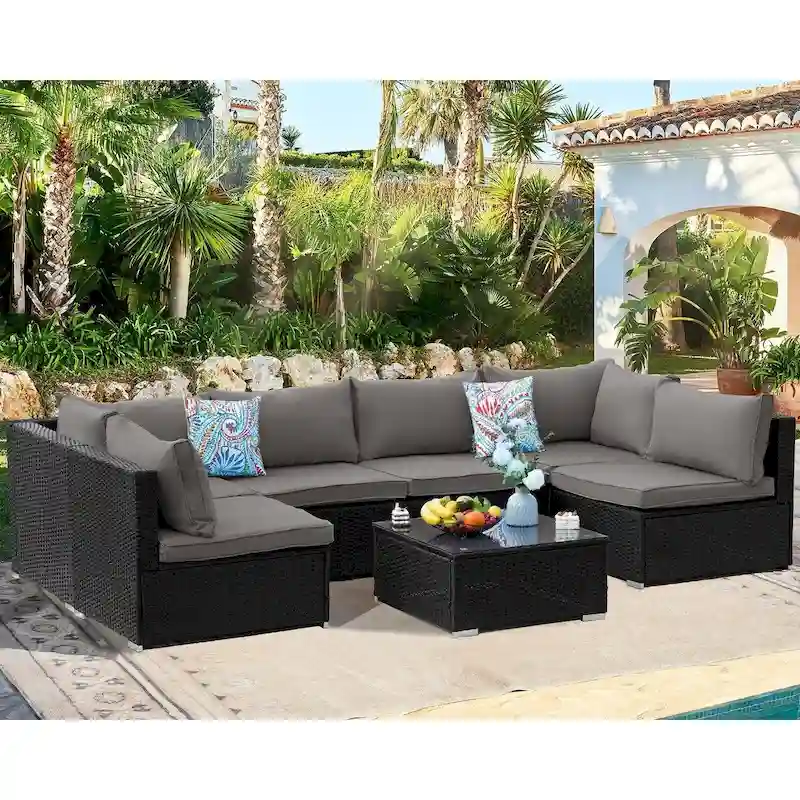 7-Piece Wicker Patio Conversation Set with Cushions and Glass Table