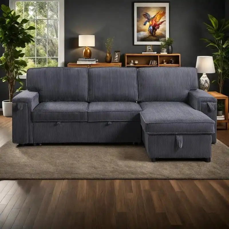 96-Inch Chenille Three-Seater Sofa Bed With Storage Chaise Lounge